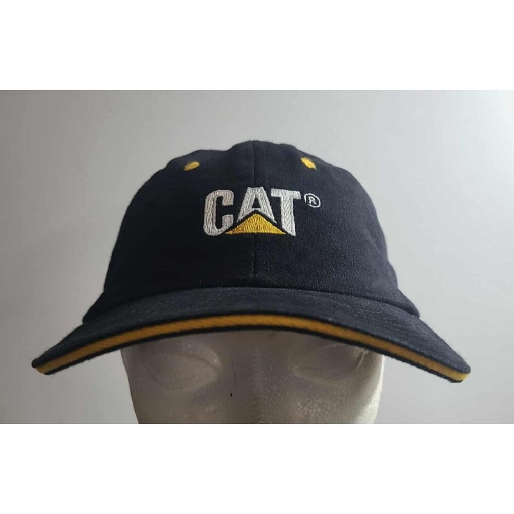 Vintage CAT Hat Cap Snap Back black Blue Embroidered Logo Mens Workwear 90s CAN